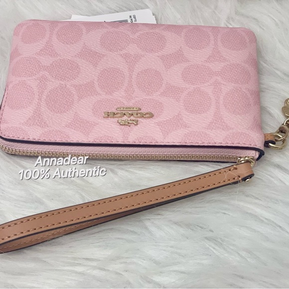 NWT Coach CEF72 Corner Zip Wristlet Signature Canvas with Charm Gold Powder Pink - Picture 6 of 8